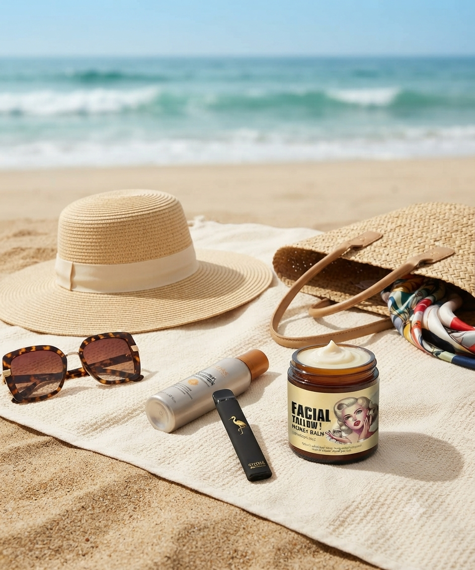 Stork Botanicals products arranged on a sunlit beach towel