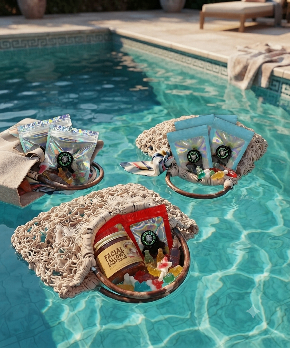 Stork Botanicals gummies and tallow balm floating in pool baskets