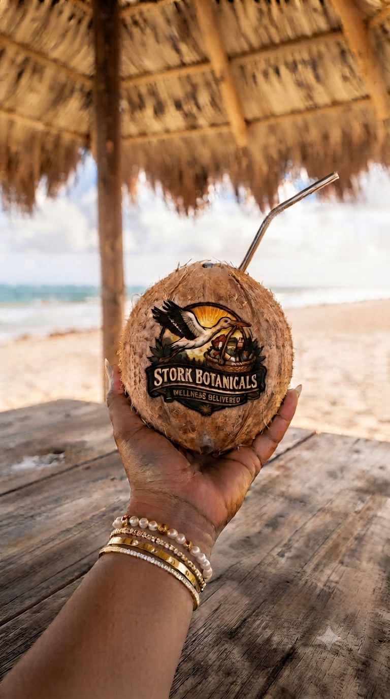 Stork Botanicals coconut drink at the beach