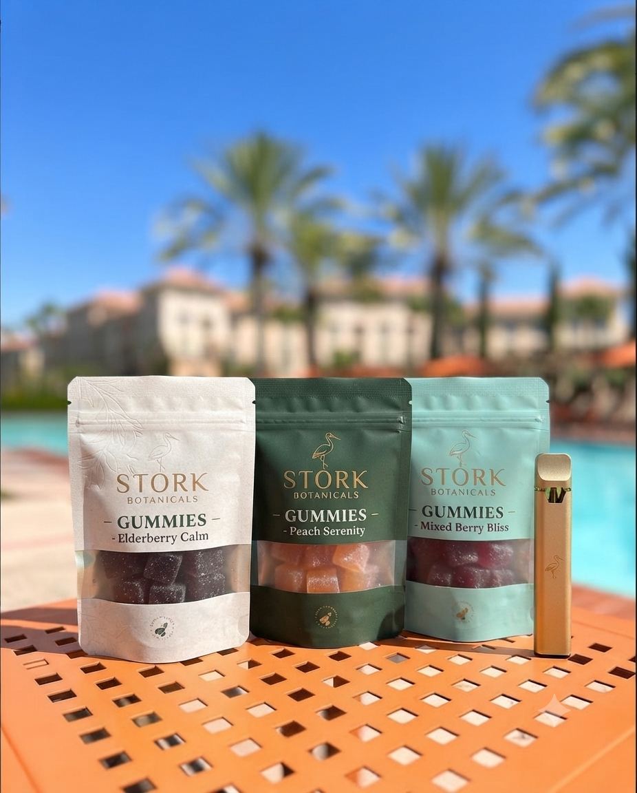 Stork Botanicals gummies lineup by the pool