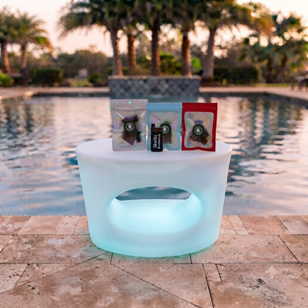 Stork Botanicals poolside floating bar
